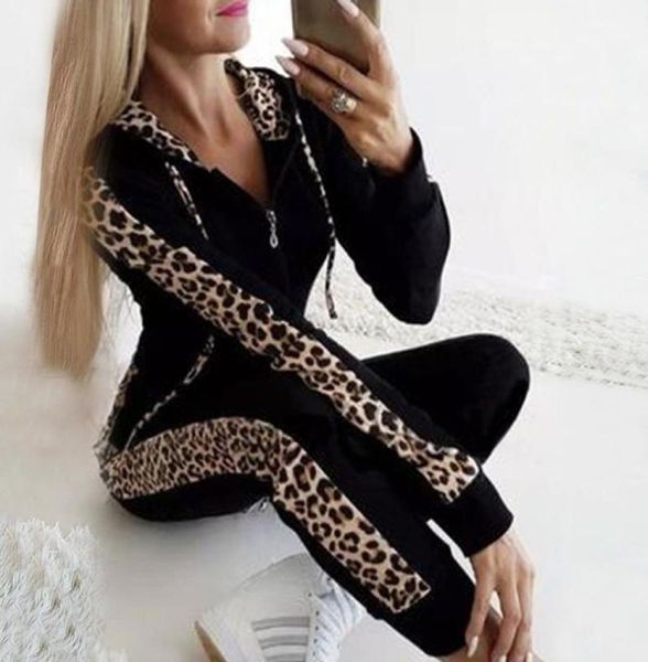 

2020 set female leopard print tracksuits women casual sweatshirt twopiece baseball jacket women jogging pants suits1105g59070737, White;black