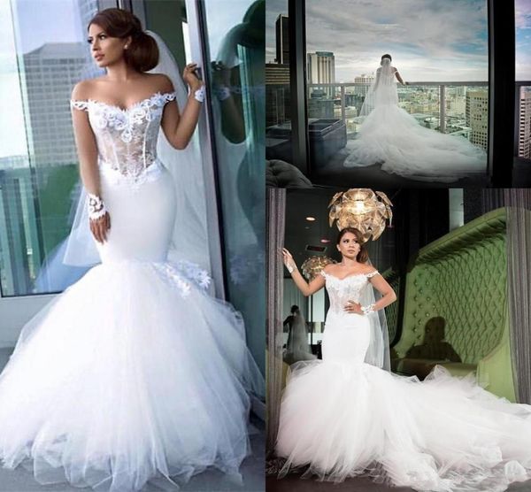 

illusion long sleeve wedding dresses off shoulder appliques lace tulle chapel train bridal gowns court train custom size6658622, White