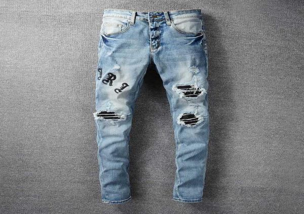 

men039s jeans amri ripped pants fashion hip hop blue letter printing good version high street youth slim fit denim elastic l40s2650048