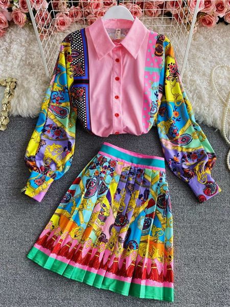 

two piece dress women fashion luxury print shirt pleated mini skirt spring autumn vintage long sleeve buttons party 2 piece sets 230816, White