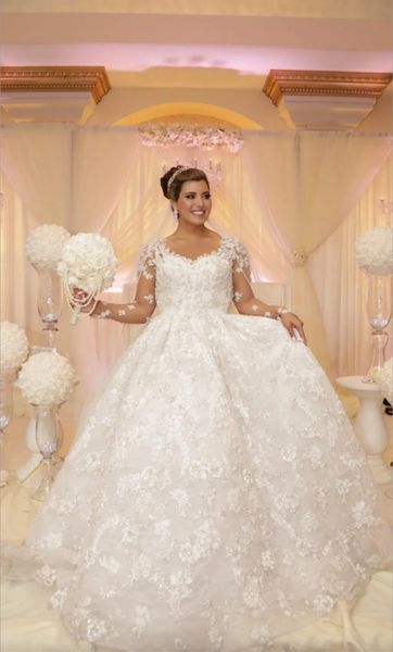 

plus size a line wedding dresses v neck long sleeves beaded lace appliques tulle sweep train bridal gowns, White