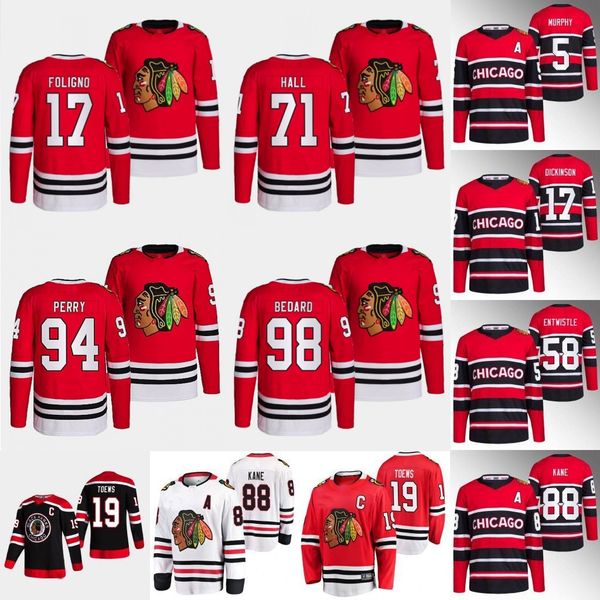 

#98 connor bedard reverse retro hockey jersey #90 tyler johnson jonathan toews taylor hall corey perry patrick kane seth jones nick foligno, Black;red