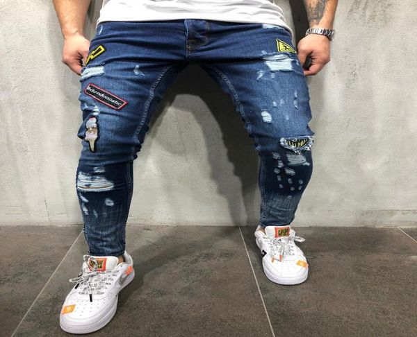 

mens skinny jeans rip slim fit stretch denim distress frayed biker jeans boys embroidered patterns pencil trousers9300450, Blue