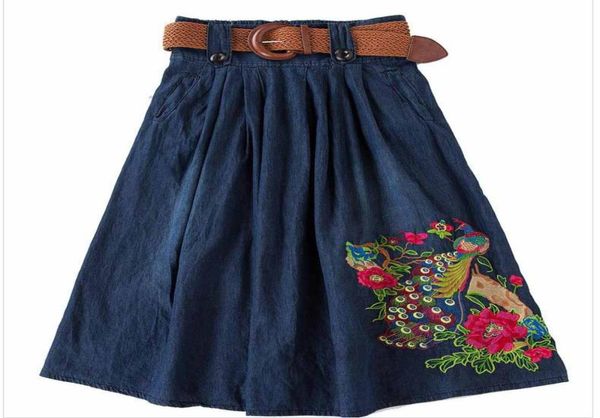 

whole s5xl big size long jean skirts womens denim skirts girls bohemia pleated jupe blue saia folk stitch female skirt elastic3956758, Black