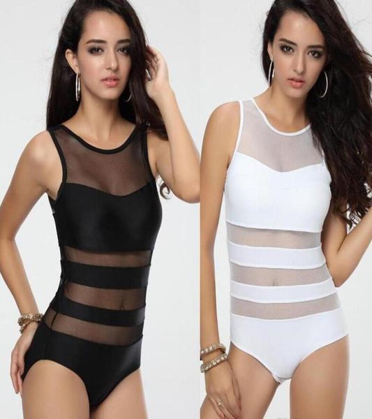 

women039s black white one piece swimwear monokini with mesh tulle vest straps bathing suit s  l1952662, White;black