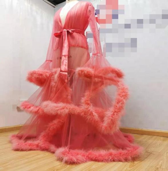 

pink sleepwear for po shoot robe women pography props custom made illusion tulle with fur real pic nightdress2895192, White