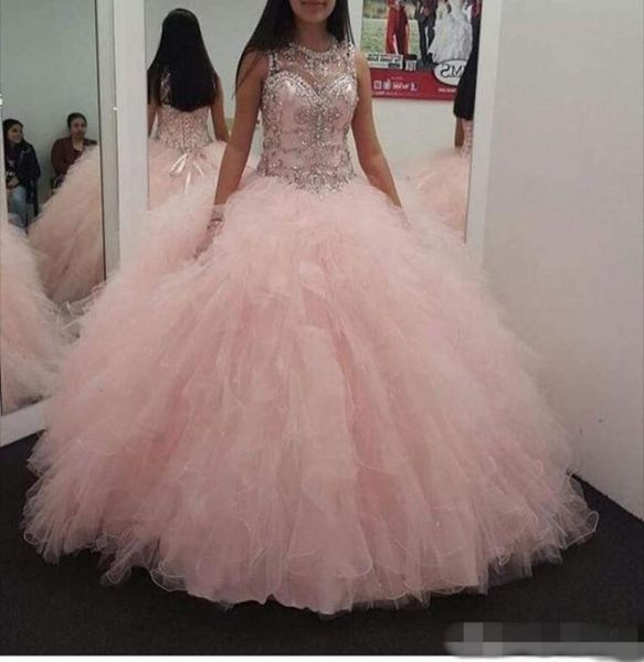 

custom made pink ball gown quinceanera dresses sheer neck beaded sleeveless corset ruffles tulle vestidos de 15 anos debutante par1621945, Blue;red