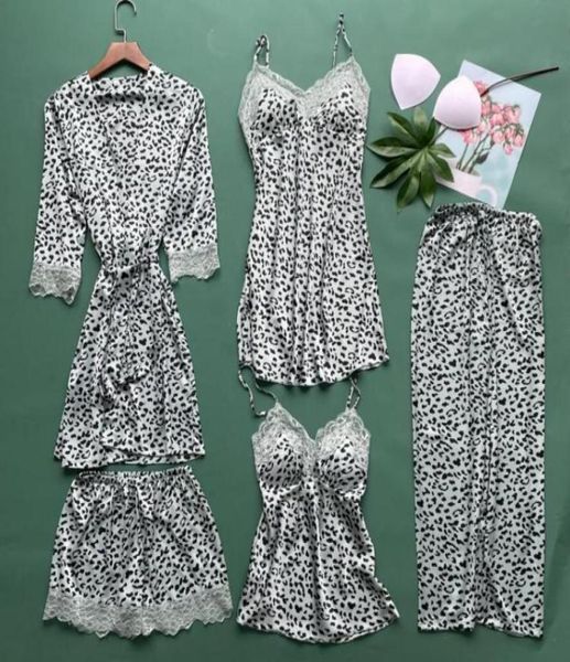 

leopard 5pcs pajamas set women summer satin sleepwear thin silky soft kimono bathrobe gown lace trim sleep set home clothes l5562499, Black;red