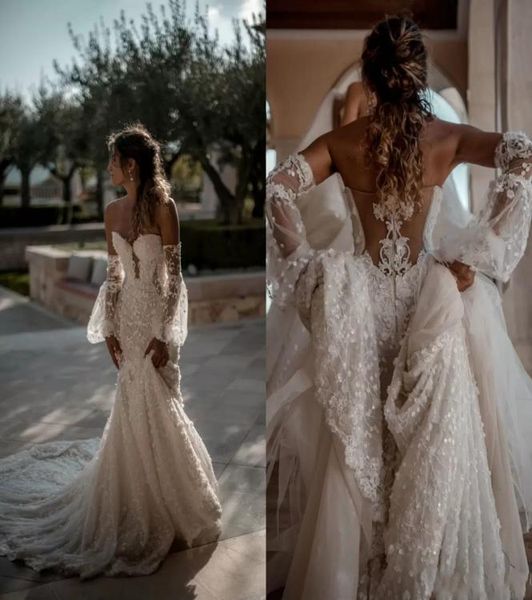 

2022 sweetheart mermaid wedding dresses with detachable sleeves lace appliqued beach wedding dress sweep train plus size boho brid3451433, White