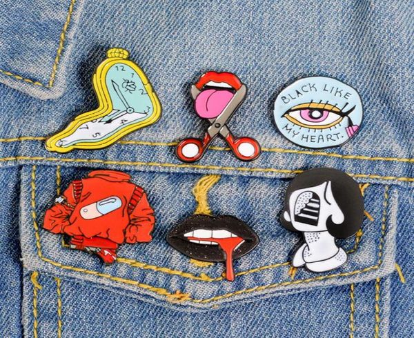 

vintage punk style lips clock metal kawaii enamel pin badge buttons brooch shirt denim jacket bag decorative brooches for women me2213732, Gray
