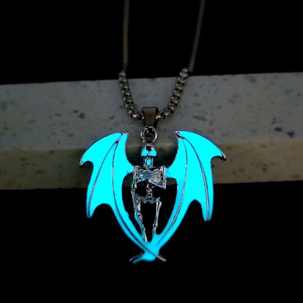 

designer halloween night glow selling necklace with glowing skeleton head, flame wings, cool men's pendant, small market design, Silver