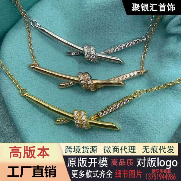 

versatile tiffay tiffv gold material 925 silver simple and fashionable advanced design sense diamond knot necklace, Black