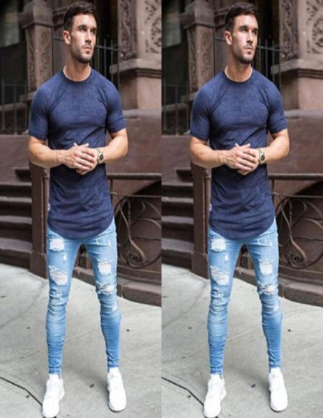 

fashion mens stretchy ripped skinny biker jeans destroyed taped slim fit denim pant vintage hole pencil trousers5194101, Blue