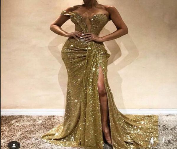 

sparkling gold sequin mermaid prom dresses side split floor length off shoulder long formal evening party dresses4816242, Black