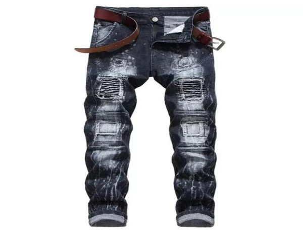 

mens jeans new fashion elastic personality motorcycle style patchwork denim trousers ripped jjeans for men stretch ripped4430142, Blue