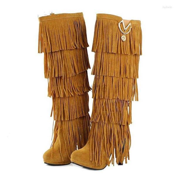 

boots boots enmayer plus size 32-43 flock winter fur women high heels knee fringe tassels fashion black brown red ly19930758 x0817