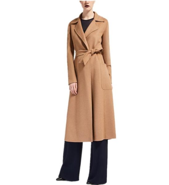 

2020 autumn winter ladies black camel long cashmere design robe coat with belt women overcoat female abrigo mujer3352390