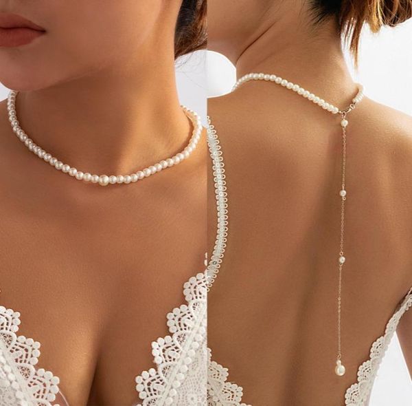 

s2998 fashion jewelry beach bride back body chain ornaments choker necklace faux pearls beaded chain tassel necklaces6426533, Silver