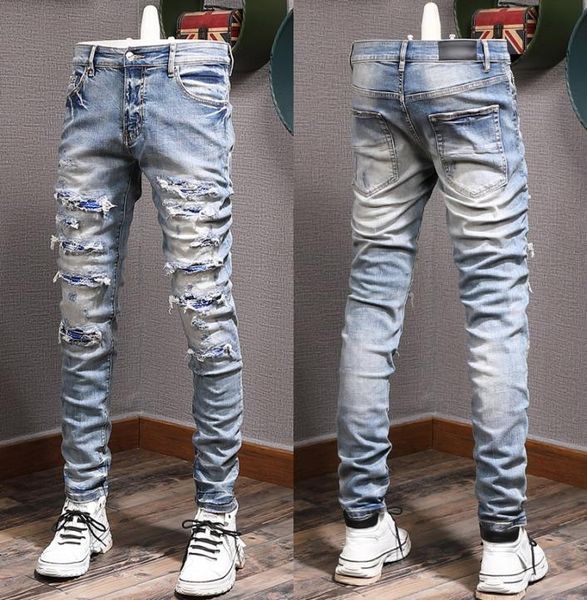 

color rip jeans man biker jeans slim fitness fade washed denim pants9052534, Blue