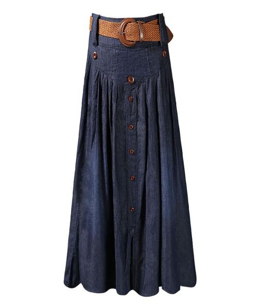 

high waist long skirts women maxi jeans skirts with belt pleated denim skirts button big size s m l xl  3xl 4xl 5xl 6xl 20183919641, Black