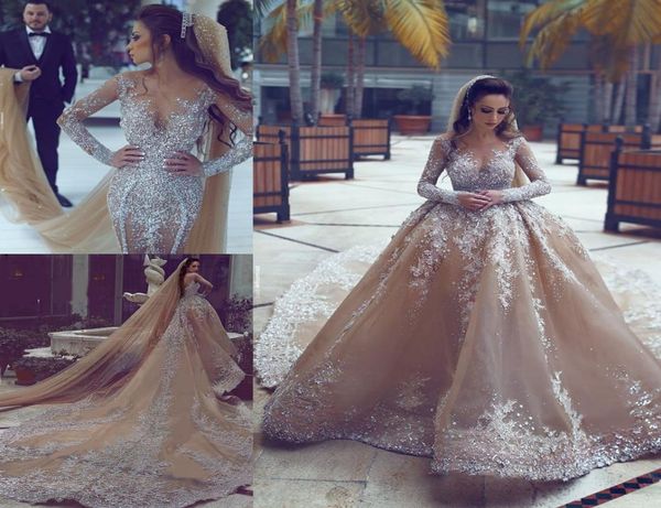 

2017 luxury rhinestone dubai wedding gowns with detachable train illusion neckline long sleeves bridal dress gorgeous mermaid wedd7128372, White