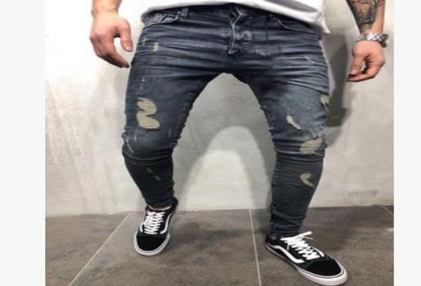 

mens skinny jeans casual slim biker jeans denim knee hole hiphop ripped pants washed fashion a0gi5928230, Blue