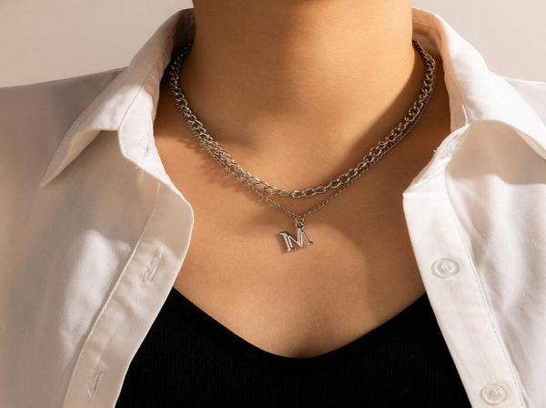 

punk letter m pendant choker necklace for women 2021 charm multilayer metal gold link chain necklaces fashion jewelry gifts1560018, Silver