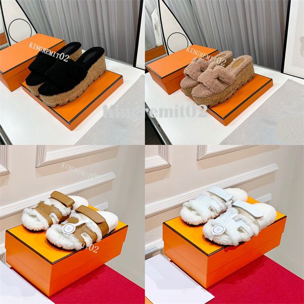 

designer slippers chypre sandals women sandal men slipper winter wool slides warm furry sandal soft fur flat shoes, Black