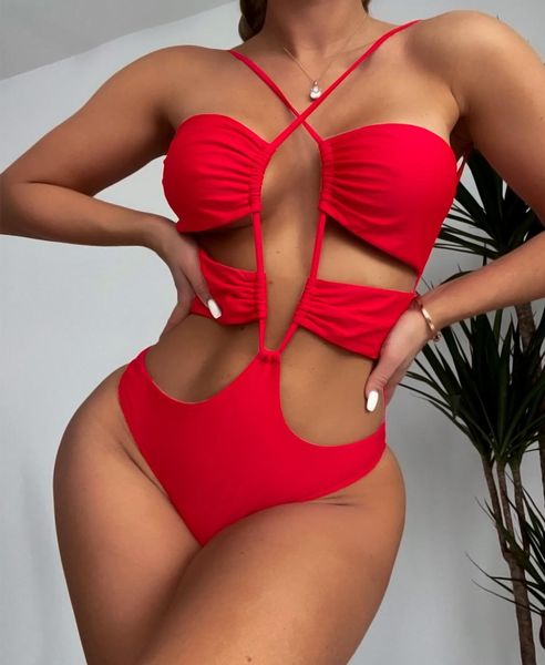 

2022 swimwear for women bandage one piece hollow out swimsuit bathing suits red color monokini biquini traje de bano mujer summer 5836803, White;black