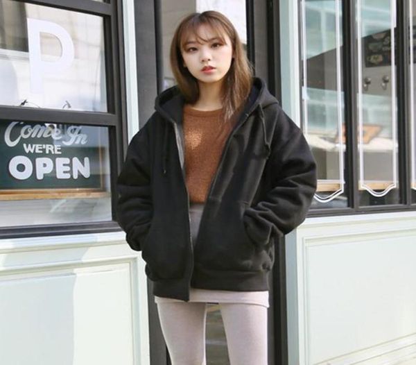 

oversize pullover hoodie korean style zipup women sweatshirt coat hoodie solid color casual loose hoodies sweatshirts1632599, Black