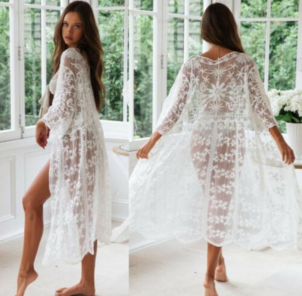

seethrough women lace kimono beach blouses woman cardigan cover up wrap long blouse 2019 new arrival1202367, White