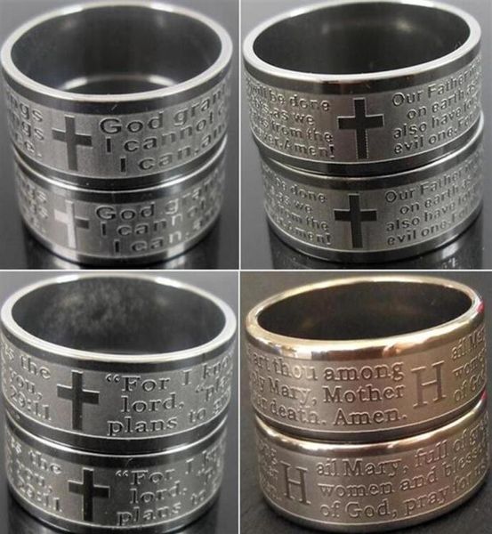 

whole 100pcs mix religious rings engarved jesus prayer stainless steel ring etched men religion faith ring church activity278f2448468, Silver