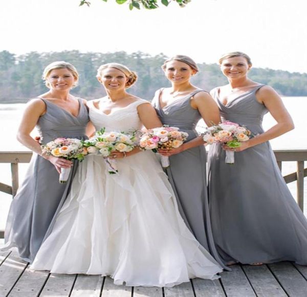 

summer modern silver gray sheath bridesmaid dress v neck chiffon pleats draped simple long wedding party gowns custom made fashion6538190, White;pink