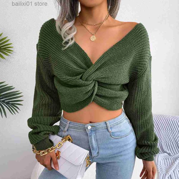 

women's sweaters ficusrong fashionable women fall winter solid color long sleeve knotted crop knit sweater for all match t230817, White;black