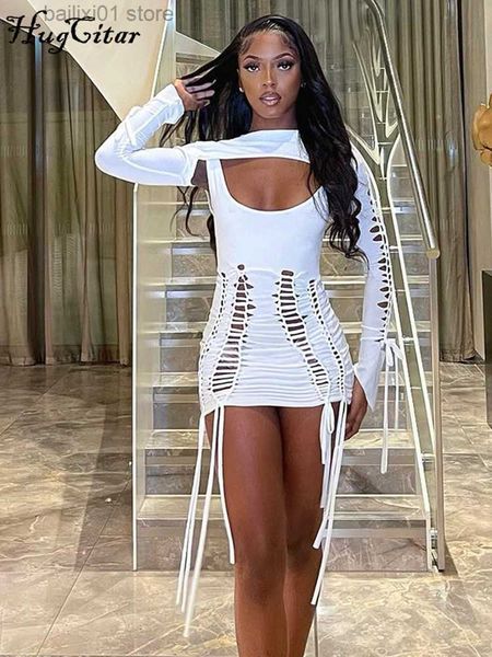 

basic casual dresses women fashion solid long sleeves hollow out hole shirring lace up mini dress 2022 fall evening party club outfit t23081, Black;gray