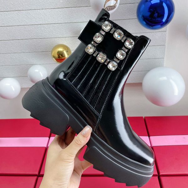 

designer luxury square buckle martin boots women's fashion middle tube autumn and winter patent leather platform ankle short round toe, Black