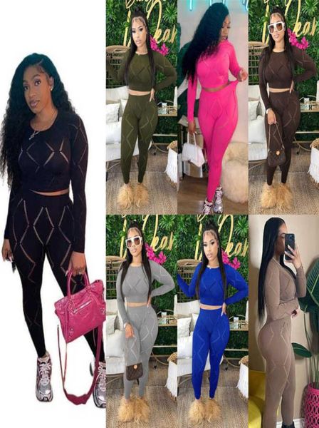 

2023 spring designer womens trackuits new two piece set hollow hole high waist tight pants casual sports suit9401093, Gray