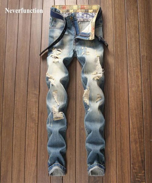 

men039s jeans men streetwear ripped vintage casual straight male hip hop cotton destroyed holes slim joggers beggar denim pants5657472, Blue