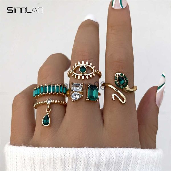 

band rings sindlan 5pcs y2k evil eye green crystal rings for women charms snake gold color water drop rhinestone set jewelry anillos mujer j, Silver
