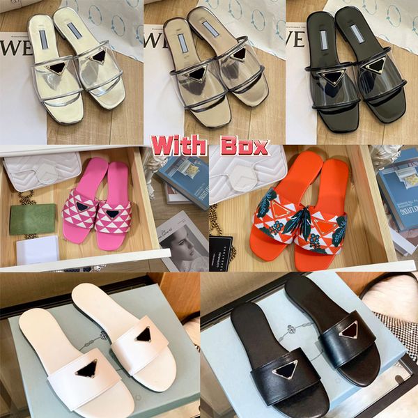 

classic designer flat for women slipper black saffiano leather summer lady triangle mark brushed leather slide embroidered sandals fabric sl