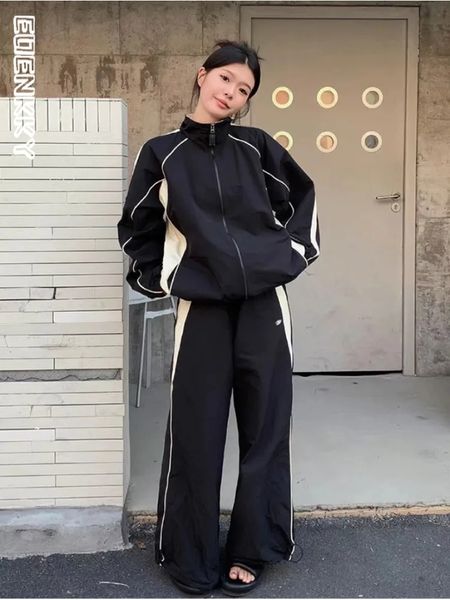 

womens two piece pants vintage y2k black joggers set women retro streetwear hip hop tracksuit oversize zipper sports jacket harajuku sweatpa, White