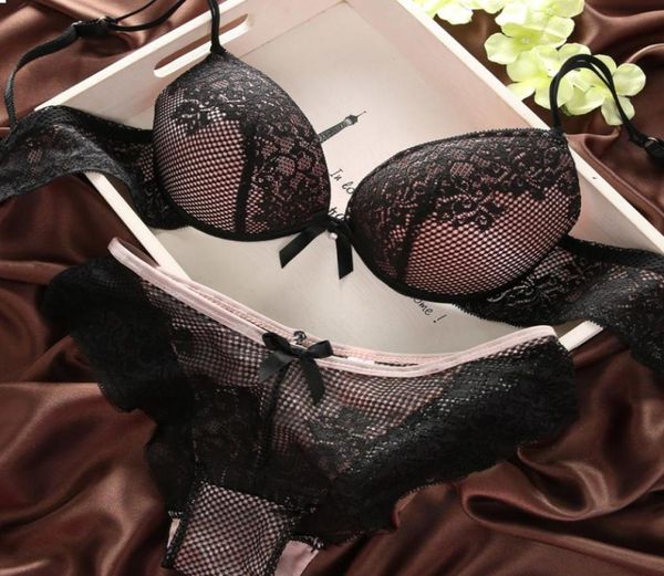 

lace bra sets a b c cup bras and panties women fashion thin deep vneck push up underwear retro solid color bra set5378835, Red;black
