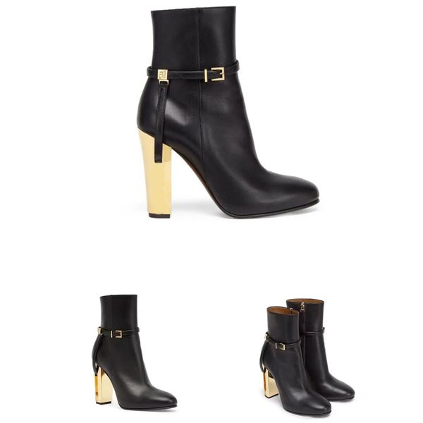 

fashion ankle boots famous designer shoes buckle strap through hollowed out electroplated high heels classic cowskin round toe womens bootie, Black