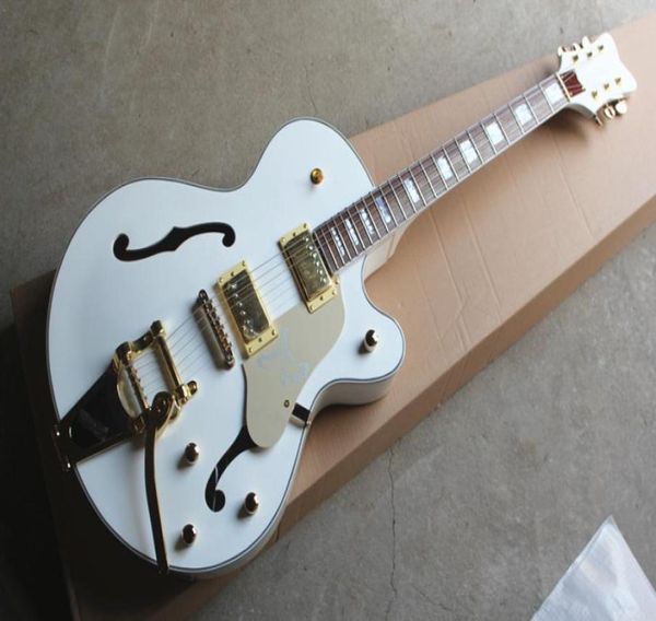 

factory custom semihollow white body electric guitar with golden hardwarebig tremolo bridgecan be customized4421464