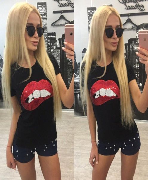 

whole 2017 summer new fashion red sequins embroidered red lip short sleeve cotton tshirt for women4210988, White