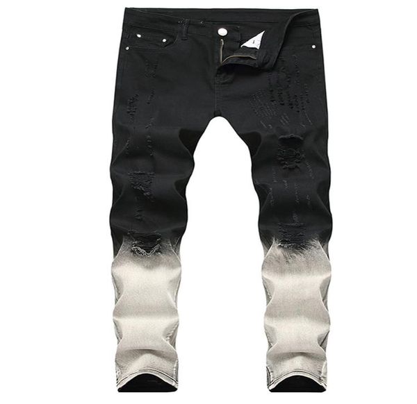 

men039s jeans men pants long stretch knee holes brand cool denim hole black and gray full color matching3288313, Blue
