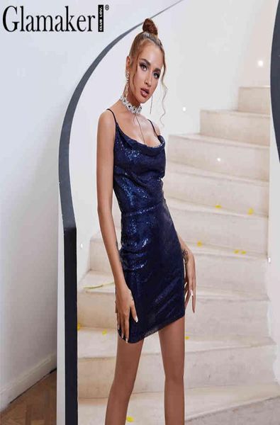 

glamaker sequin cowl neck party blue dress women sleeveless christmas short dress elegant female backless club night dress mini 211412573, Black;gray