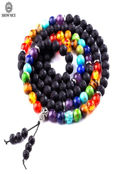 

show nice jewelry natural stone 8mm lava healing 108 buddhist prayer mala beads 7 chakra bracelet necklace for women men gifts1460093, Golden;silver
