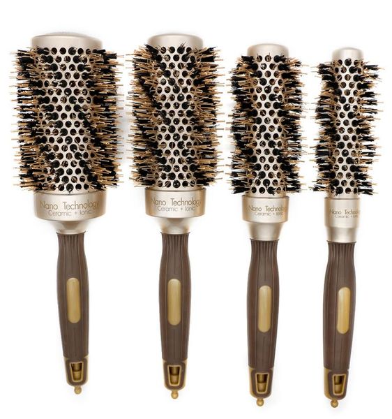

4pcs set nano technology thermal ceramic ionic round hair brush with boar bristle aluminum curling brushes for blow drying comb7913423, Silver