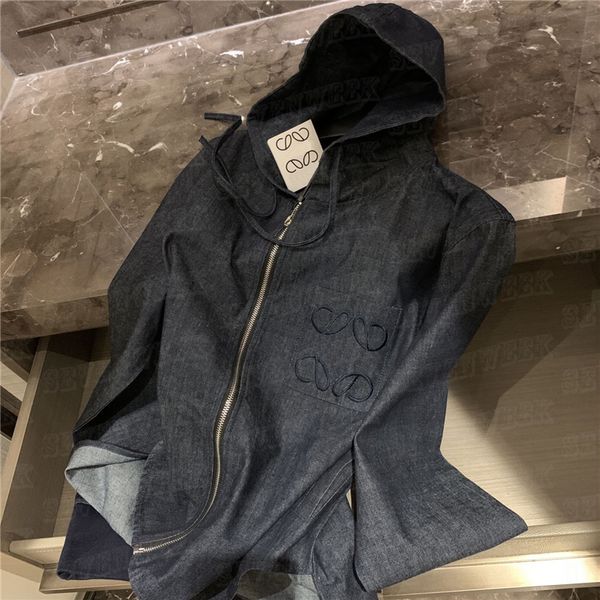

embroidered denim hooded jacket coat for women long sleeve zipper jackets designers street style coats outerwear, Black